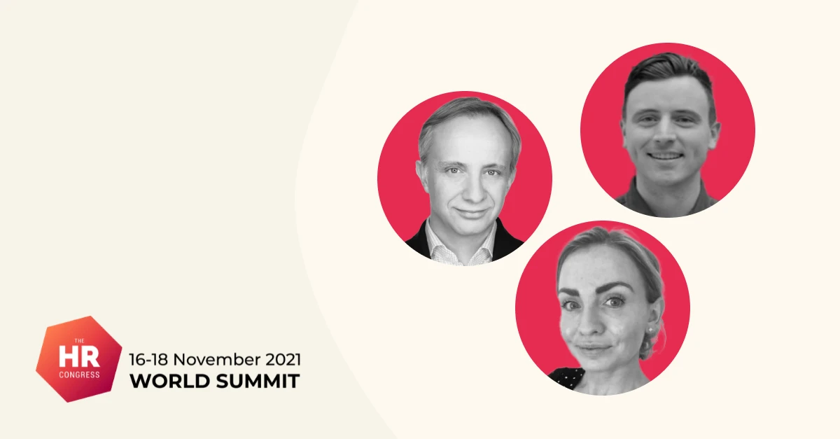 HR Congress World Summit promotion featuring three individuals' headshots on a pastel background, event dates highlighted. HR Congress, World Summit, Event Promotion